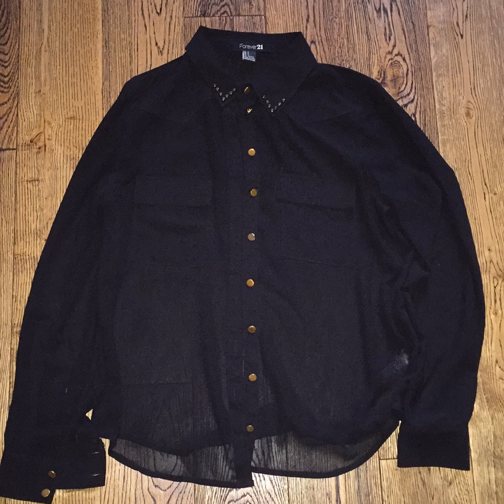 sheer black stud collar button-down